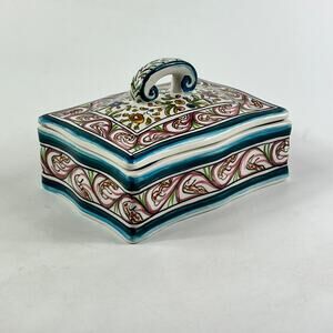 Ceramicas De Coimbra Portugal Hand Painted Lidded Ceramic Box Floral Scroll